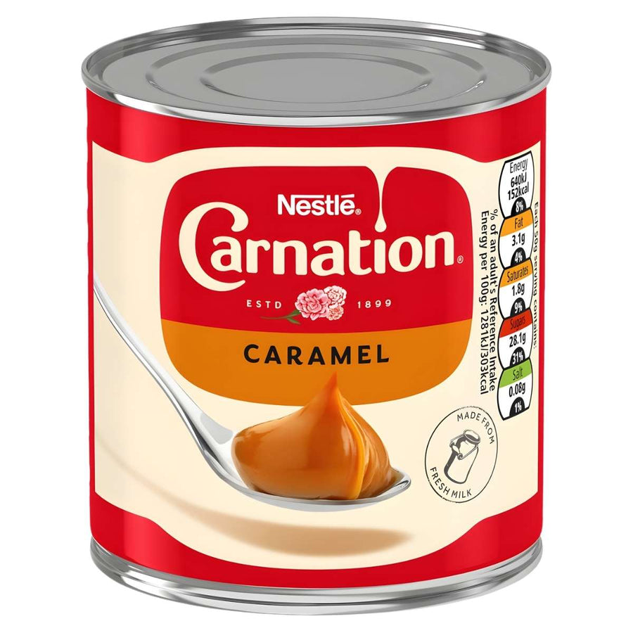 A 397g can of Nestle Carnation Caramel, a classic dessert ingredient, features caramelised condensed milk on the label and lists nutritional information on the side.