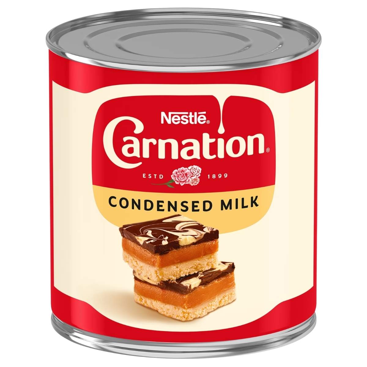 Can of Nestle Carnation condensed milk with a red label and silver lid.