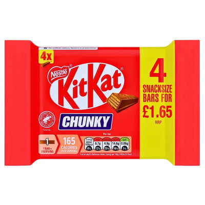 A four-pack of Nestle - Chunky Kitkat - 4 x 32g milk chocolate wafer bars in red and yellow packaging.