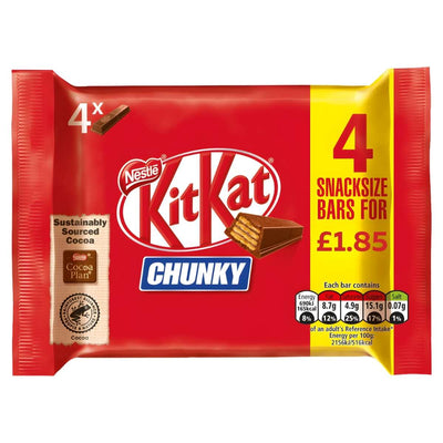 Nestle Chunky KitKat (4 x 32g) in a red pack, featuring sustainably sourced cocoa, contains 4 milk chocolate wafer bars and costs £1.85.