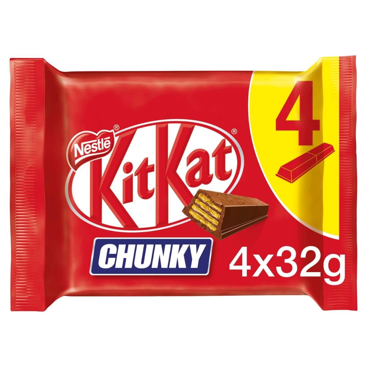 The Nestle Chunky KitKat is a red 4-pack of 32g bars, featuring an image of a milk chocolate-covered crispy wafer bar with the number 4 in the corner.