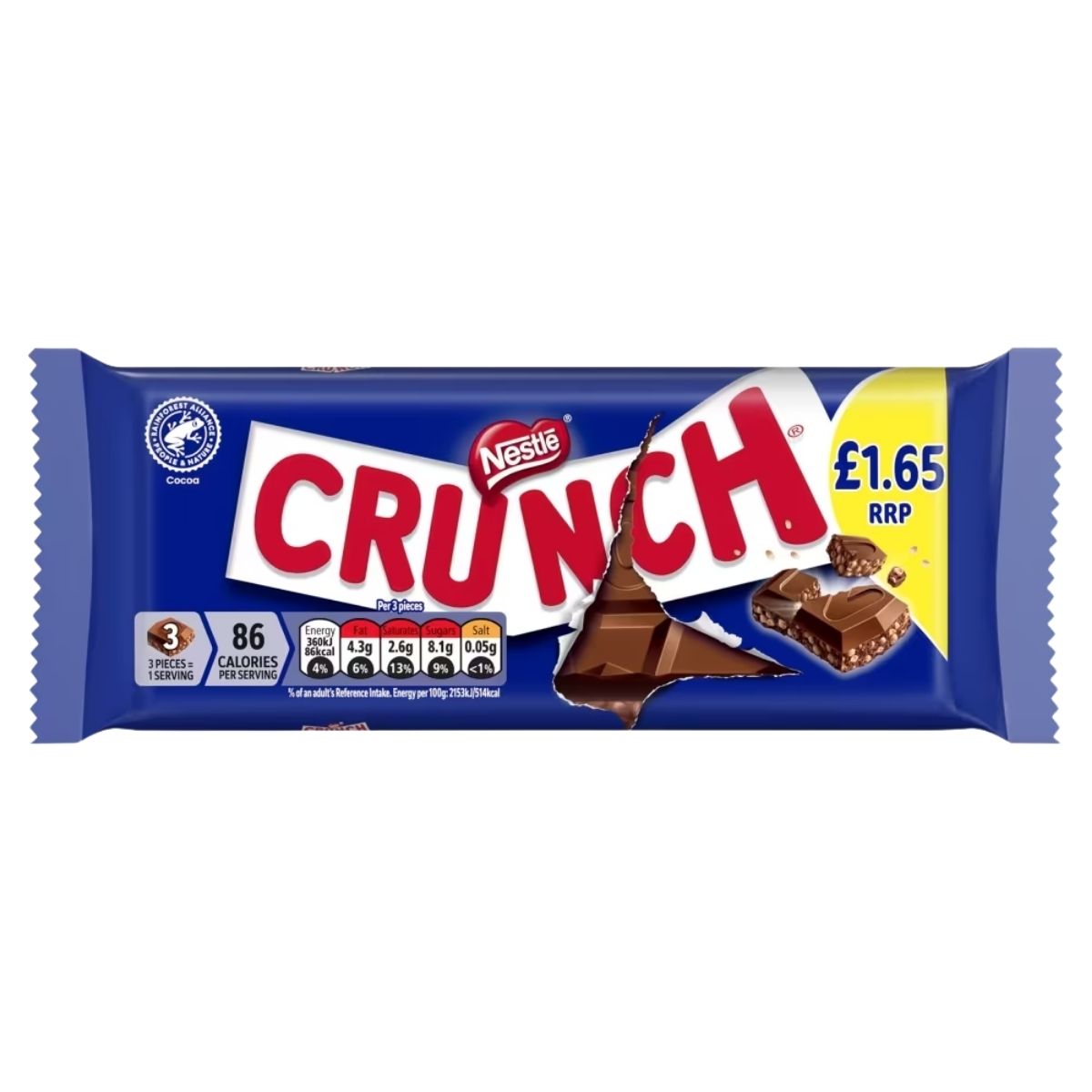 Nestle Crunch Chocolate Bar 100g in blue packaging, partly unwrapped to show milk chocolate with crisped cereals; front displays £1.65 price and nutritional info.