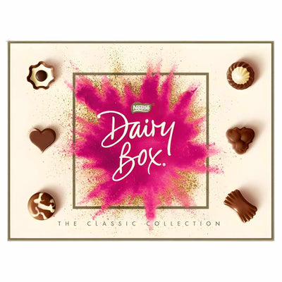Nestle Dairy Box Classic Collection 160g offers an indulgent selection of assorted milk chocolates and truffles, elegantly presented in a pink and gold splash design on cream, by Nestle.