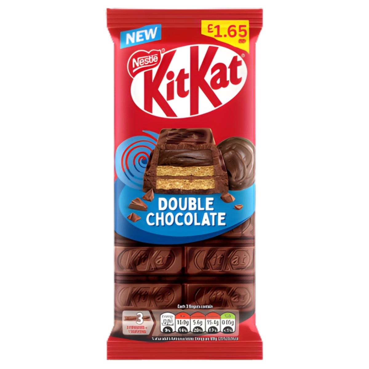 Nestle Kit-Kat Double Chocolate Bar 99g in red packaging, price £1.65, with nutritional info shown at the bottom.