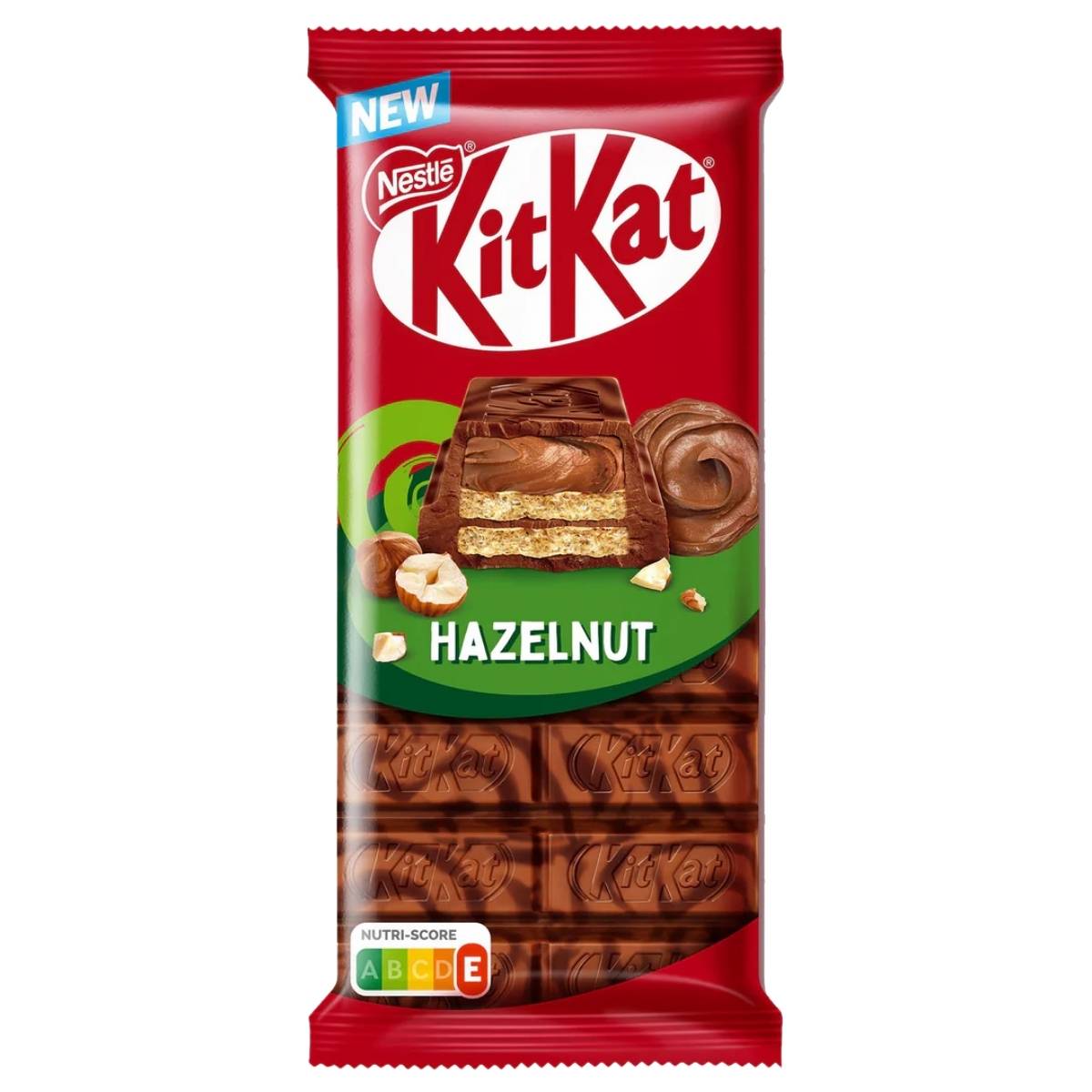 A red Nestle Kit-Kat Hazelnut Chocolate Bar 99g wrapper displays the chocolate bar, hazelnuts, and a Nutri-Score label in the bottom left corner.