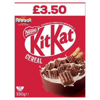 Nestle - KitKat Milk Chocolate Cereal features a red background and displays chocolate wafer cereal immersed in milk. It is priced at £3.50 and weighs 330g.