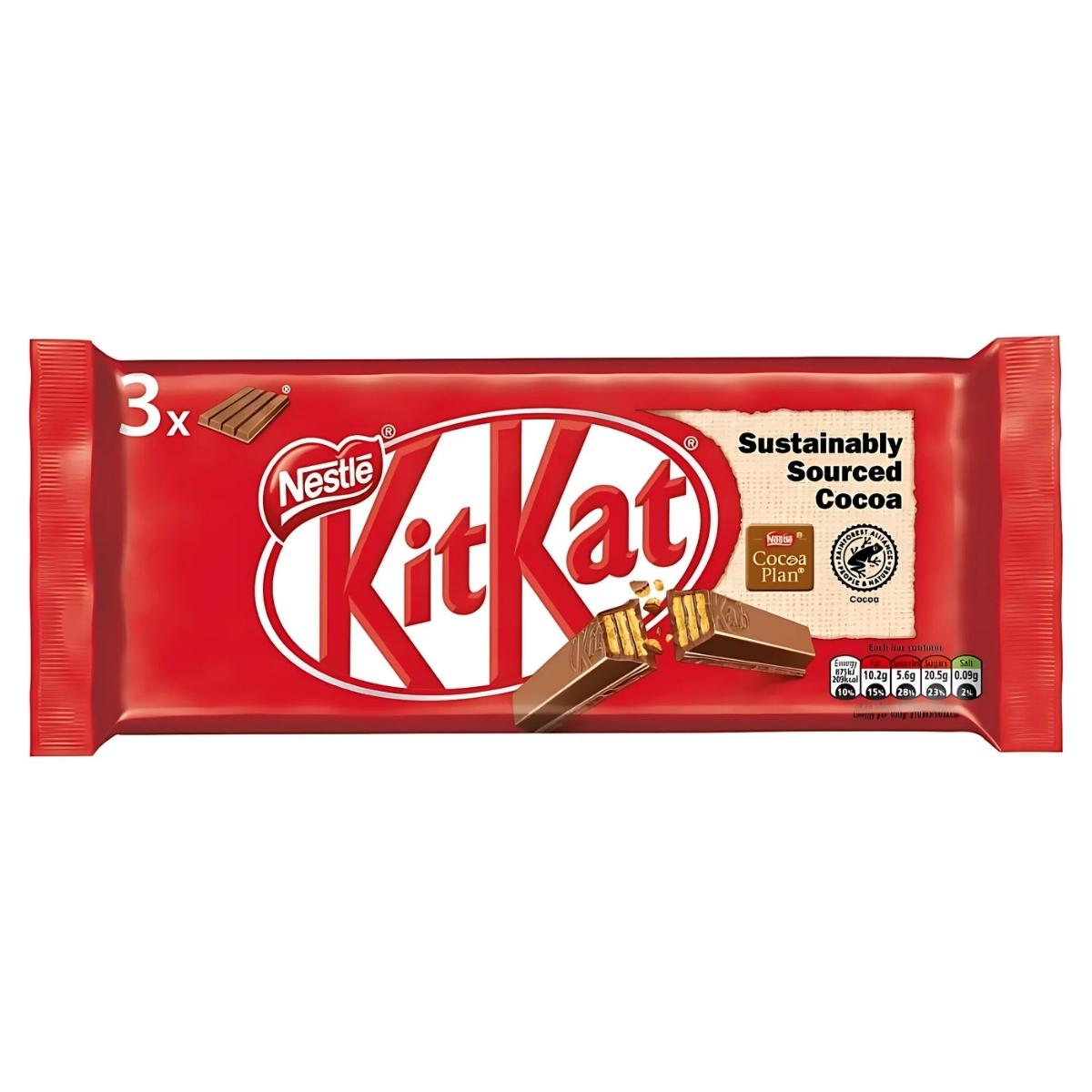 A Nestle KitKat Multipack in red packaging, containing three 41.5g bars of smooth milk chocolate, features the text "Sustainably Sourced Cocoa" along with various certifications.