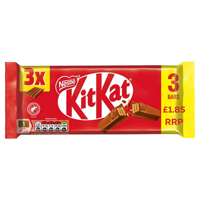 Nestle KitKat Multipack includes 3 x 41.5g chocolate wafer bars in red and yellow packaging, with a £1.85 RRP displayed on the right.