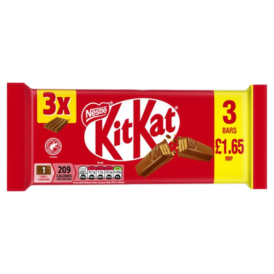 A Nestle - KitKat Multipack - 3 x 41.5g of chocolate wafer bars in a red wrapper, including nutritional information and a £1.65 price tag.