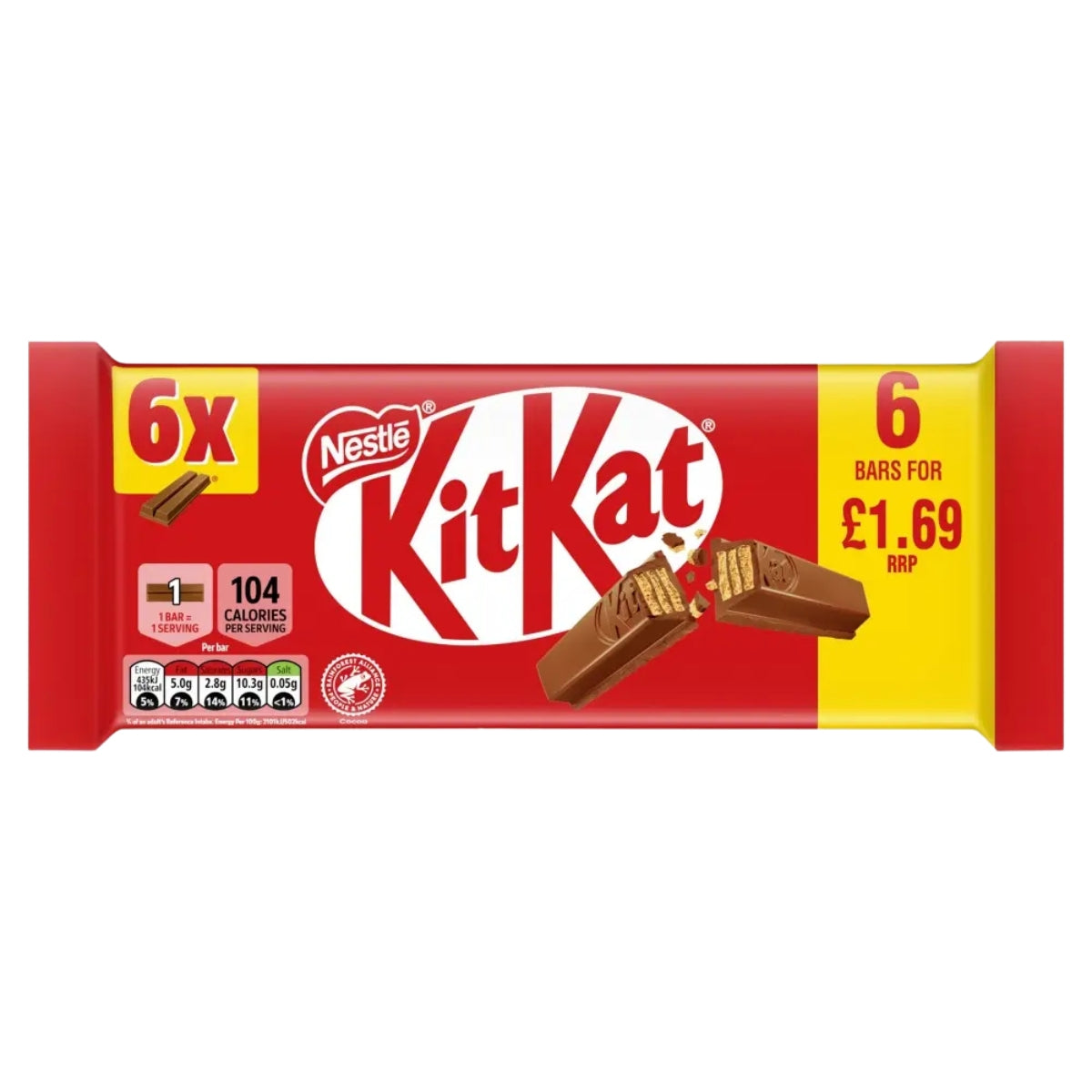 Nestle KitKat chocolate bar packaging with red and yellow design on a white background
