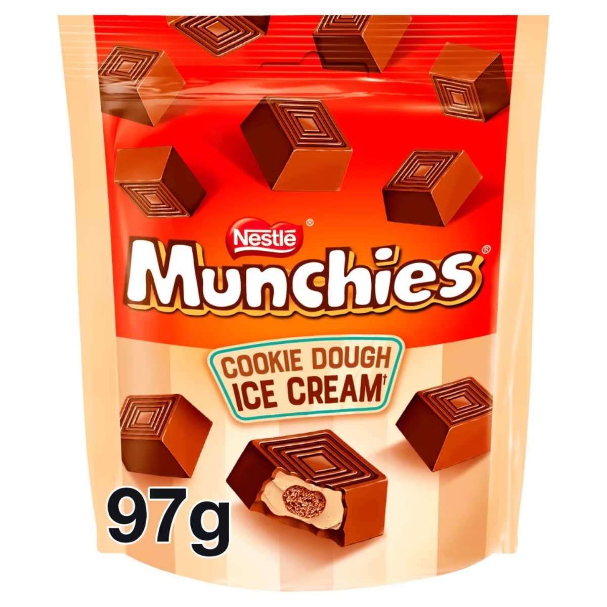 A 97g pack of Nestle Munchies Cookie Dough Ice Cream Flavour Milk Chocolate, featuring a design with cubes of layered chocolate and cookie dough pieces.