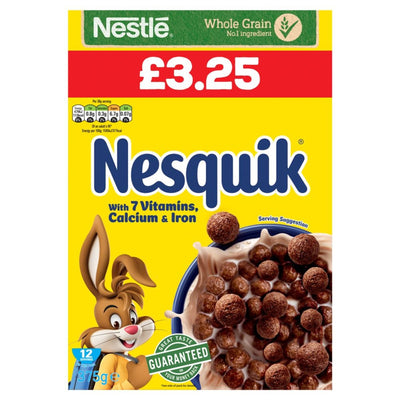 Front of a 375g Nestle Nesquik Cereal box showing £3.25 price, whole grain label, mascot rabbit, bowl of chocolate cereal, and text promoting 7 vitamins plus calcium and iron.