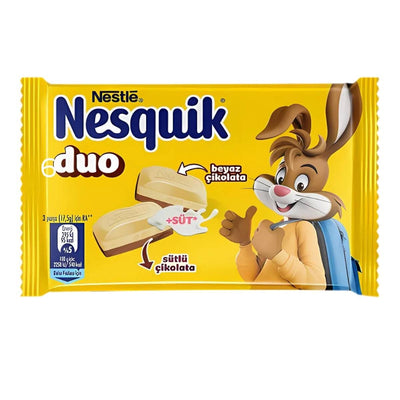 A yellow Nestle Nesquik Duo White & Milk Chocolate 70g package featuring a cartoon rabbit, images of the layered chocolate bar, and product details.