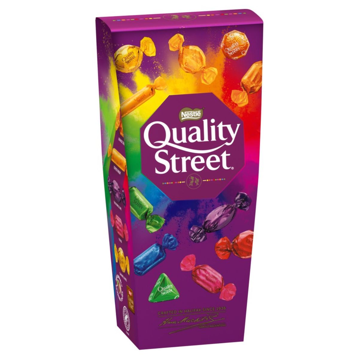 A vibrant 220g box of Nestlé Quality Street chocolates, featuring wrappers in a variety of colors.