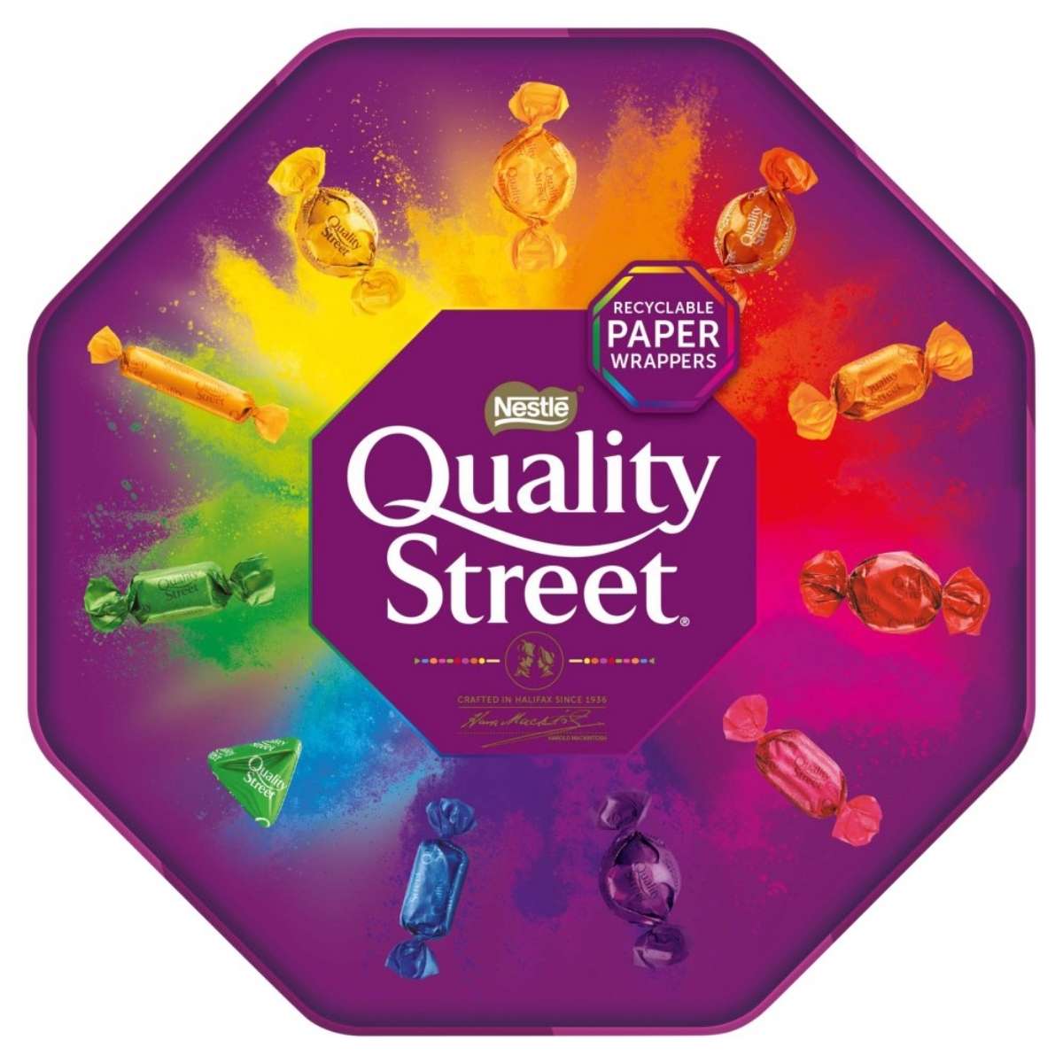 Vibrant Nestle - Quality Street Chocolate Tub featuring a rainbow candy design and "Recyclable Paper Wrappers" label on a purple background.