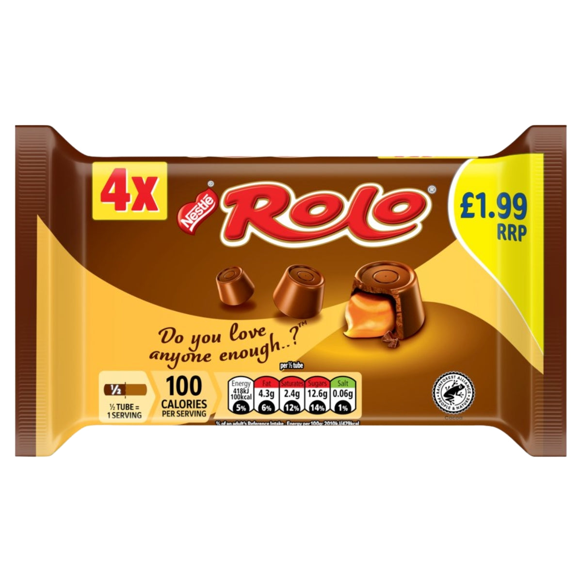 A multipack of Nestle Rolo chocolates (4 x 41.6g), featuring price, nutritional information, and the iconic phrase “Do you love anyone enough...?” printed on the front.