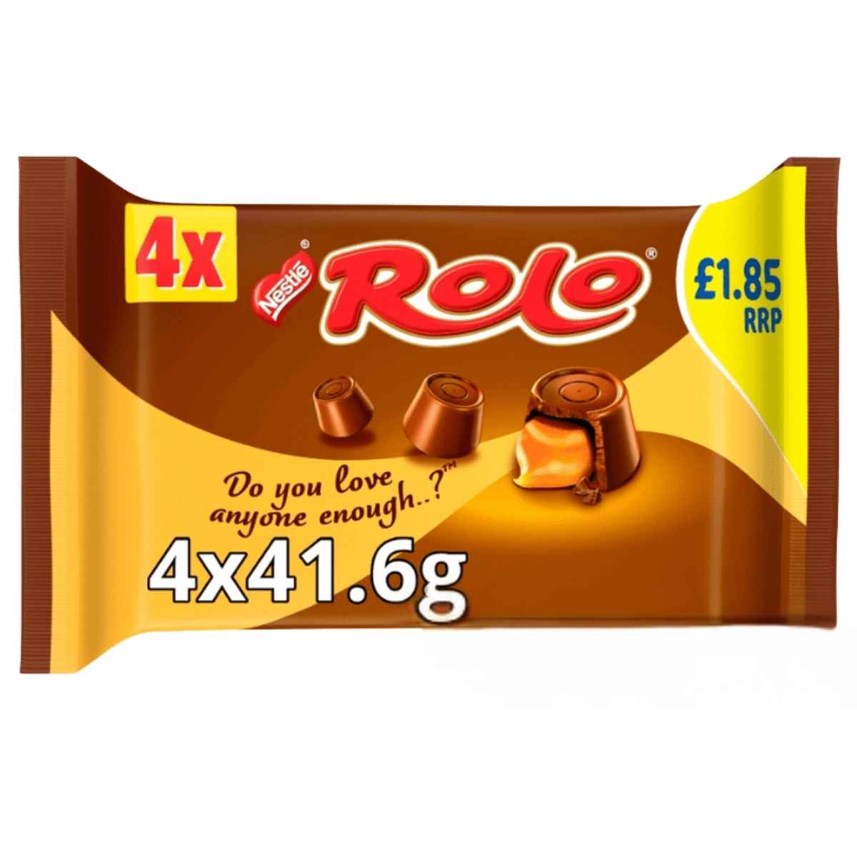 The Nestle Rolo Chocolate Multipack (4x41.6g) features milk chocolate caramel centers, displays "Do you love anyone enough..?" on the front, and is priced at £1.85 RRP—a British classic from Nestle.