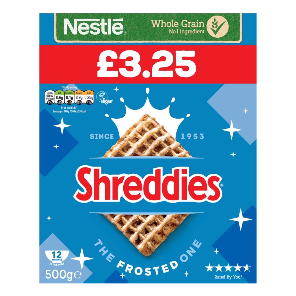 Nestle - Shreddies The Frosted One - 500g is the product being referred to.