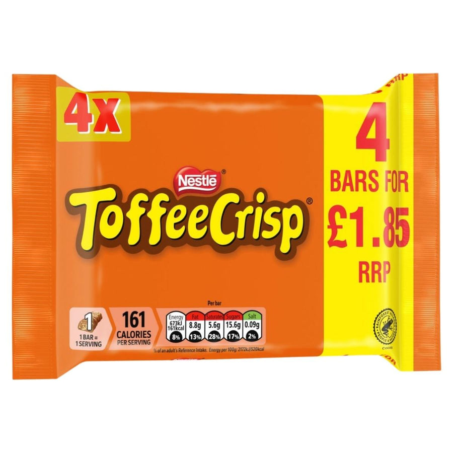 Nestlé Toffee Crisp Chocolate Bar 4 x 31g pack shows the brand name, £1.85 price, per-bar calories, and nutrition details on an orange wrapper, highlighting its blend of toffee and crisped cereal.