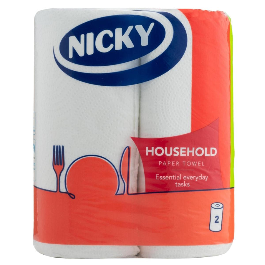 Nicky Household Paper Towel, 2 rolls per pack, offers absorbent sheets in plastic packaging—ideal for everyday cleaning and essential household tasks.