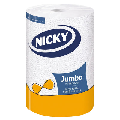 Nicky - Jumbo Paper Towel - 1pcs with white embossed paper and a yellow bottom wrapper.