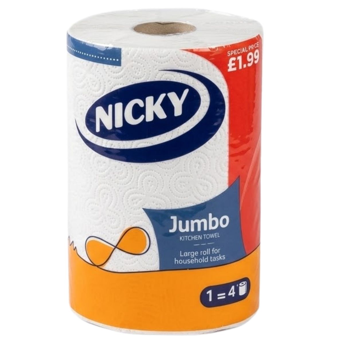 The Nicky Jumbo Paper Towel (1pcs) is a large, absorbent towel ideal for kitchen cleaning and household tasks, priced at £1.99.