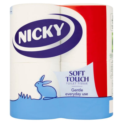 Nicky - Soft Touch Toilet Tissue, 4 Rolls: Gentle 2-ply tissue in blue and red packaging with a blue rabbit illustration, ideal for everyday use.
