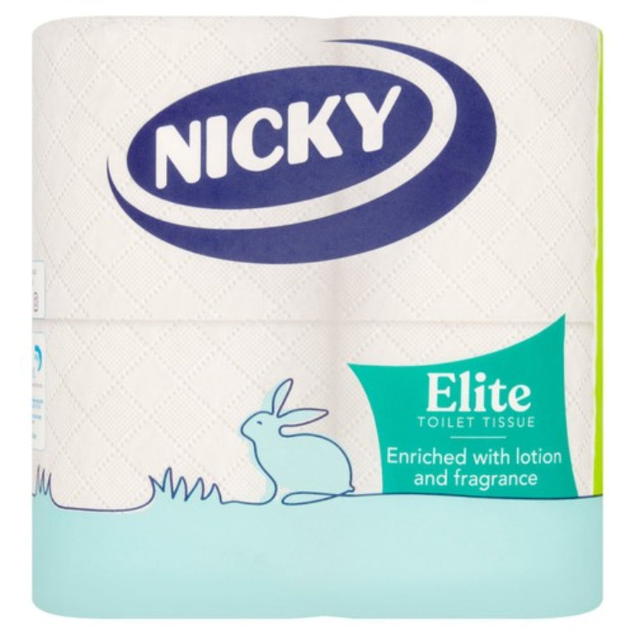 Pack of four Nicky Elite - 3 Ply Enriched with Lotion & Fragrance - 4 Rolls toilet paper rolls featuring an illustration of a rabbit and text reading “Elite TOILET TISSUE Enriched with lotion and fragrance.”