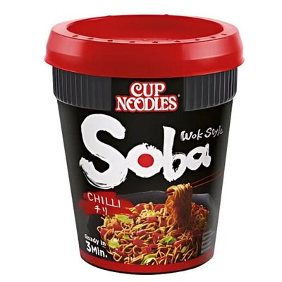 A black and red Nissin - Cup Noodles Soba Wok Style Chilli 100g container with chopsticks holding noodles and vegetables offers an instant meal that's ready in 3 minutes.