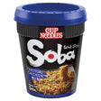 A Nissin Cup Noodles Soba Wok Style Yakitori Chicken (90g) container with a blue lid, featuring Japanese noodles on the front and a "Ready in 3 Min." label.