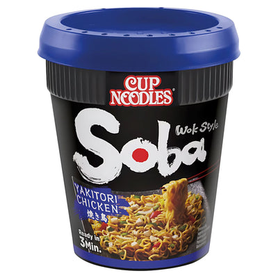 A Nissin Cup Noodles Soba Wok Style Yakitori Chicken (90g) container with a blue lid, featuring Japanese noodles on the front and a "Ready in 3 Min." label.