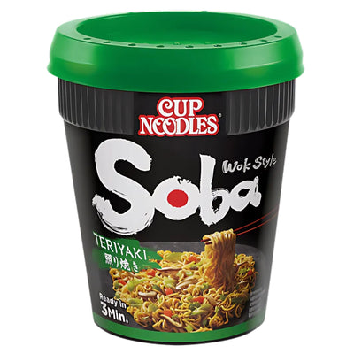 Nissin - Soba Instant Cup Noodles Teriyaki Flavour (90g) come in a sleek container and feature delicious Japanese noodles with vegetables on the label.