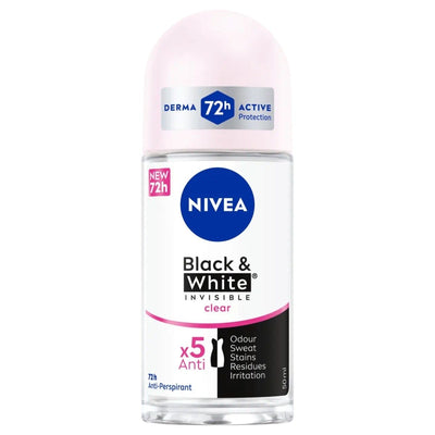 Nivea Black & White Antiperspirant Deodorant Roll On 50ml provides 72-hour protection against odour, sweat, stains, and irritation for lasting freshness without residues.