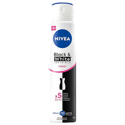 Nivea Black & White Invisible Clear Anti-Perspirant 150ml spray offers sweat protection, shown with product details on a white background.