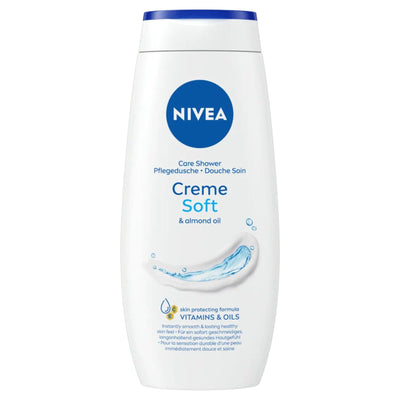 A 250ml bottle of Nivea Care Shower Creme Soft with Almond Oil, displaying the blue Nivea logo on a white label.