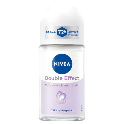 A 50ml Nivea Double Effect Antiperspirant Deodorant Roll On with a white cap and purple label for long-lasting freshness.