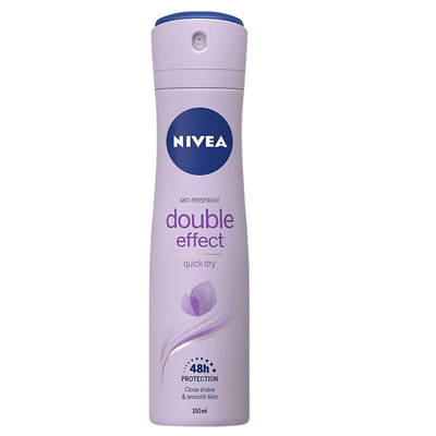Nivea Double Effect Quick Dry Anti Perspirant, 150ml, offers 48-hour protection and long-lasting odour control in a handy spray bottle.