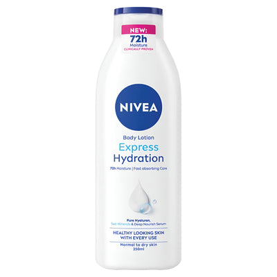 A 250ml bottle of Nivea Express Hydration Body Lotion for normal to dry skin, featuring blue and pink accents and offering 72-hour long-lasting moisture.