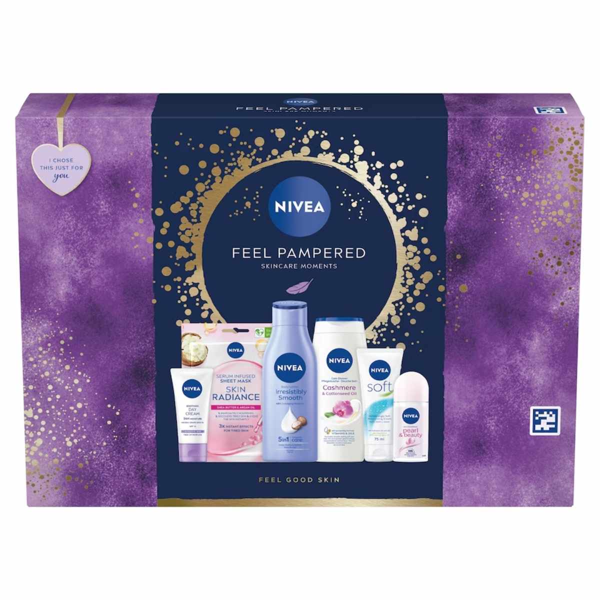 The Nivea Feel Pampered Skincare Moments Gift Set (6 Pieces) is displayed on a purple background with gold accents, featuring moisturizers, cleanser, lotion, and deodorant.