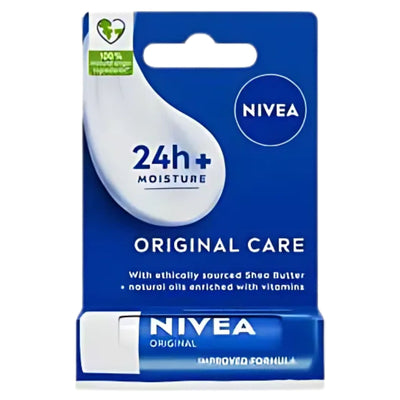 Nivea Lip Balm Original Care (4.8g) offers 24h+ moisture with ethically sourced shea butter and comes in classic blue packaging, delivering lasting hydration.