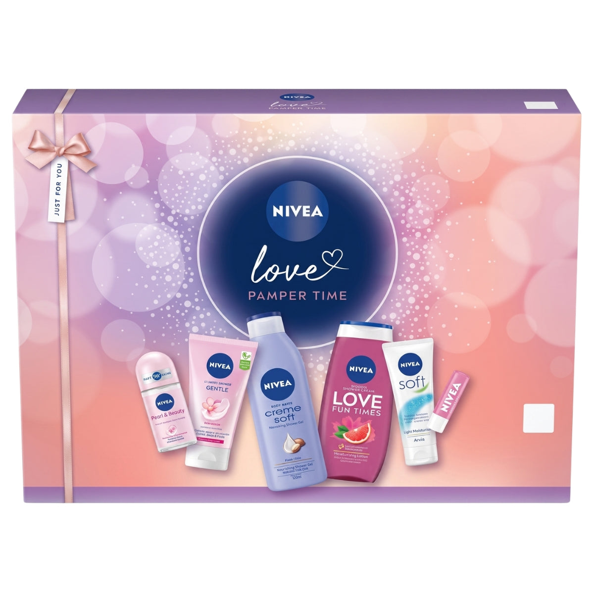 Nivea Love Pamper Time gift set box featuring a purple and pink bokeh design with six personal care products displayed in front, including a deodorant, shower gel, body wash, and hand cream.