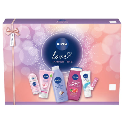 Nivea Love Pamper Time gift set box featuring a purple and pink bokeh design with six personal care products displayed in front, including a deodorant, shower gel, body wash, and hand cream.