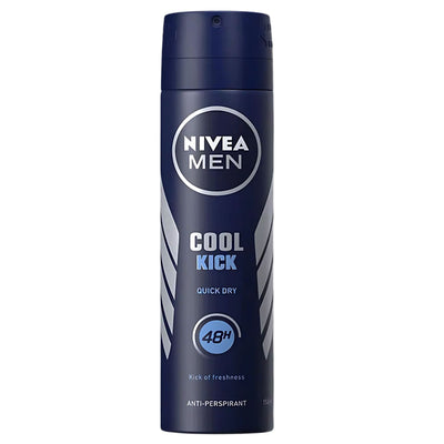 A 150ml navy blue can of Nivea Men Cool Kick Quick Dry Anti-Perspirant featuring “48H” and “Quick Dry” on the front.