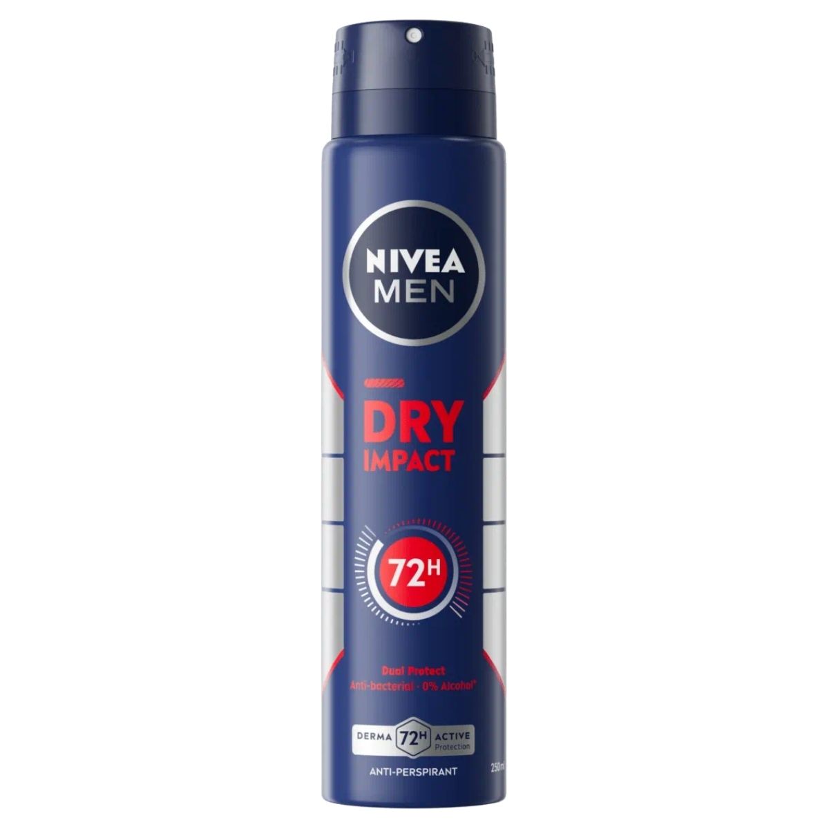 A 150ml can of Nivea Men Dry Impact Anti-Perspirant offers 72-hour protection in blue and red packaging.
