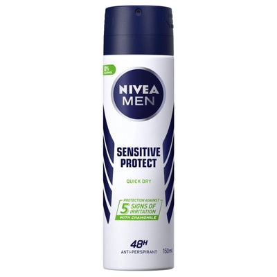 Nivea Men Quick Dry Sensitive Protect Anti Perspirant 150ml provides long-lasting odour control and protection against 5 signs of irritation, specially formulated for sensitive skin.