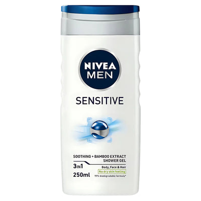 Nivea Men Sensitive 3 In 1 Body, Face & Hair Shower Gel (250ml) is specially formulated for sensitive skin with soothing bamboo extract.