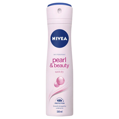 Nivea - Pearl & Beauty Quick Dry Antiperspirant (150ml) offers 48-hour protection in elegant white and pink packaging.