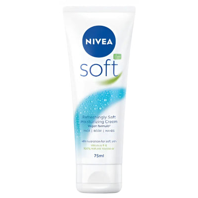 Nivea - Soft Moisturising Cream - 75ml, enriched with vitamin E and jojoba oil for lasting hydration on face, body, and hands, is shown on a white background.