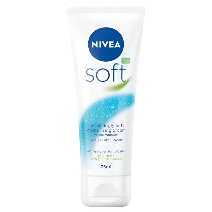 Nivea - Soft Moisturising Cream - 75ml, enriched with vitamin E and jojoba oil for lasting hydration on face, body, and hands, is shown on a white background.