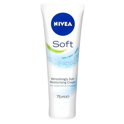 Nivea Soft Moisturising Cream 75ml hydrates face, body, and hands with jojoba oil and vitamin E for refreshingly soft skin. Suitable for daily use.